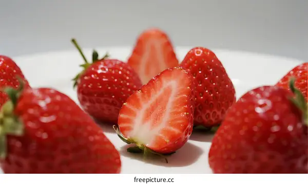 Fresh Red Strawberries on White Plate with Green Leaves