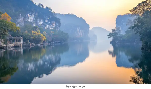 Misty Sunrise Over Mountain Lake Scenery