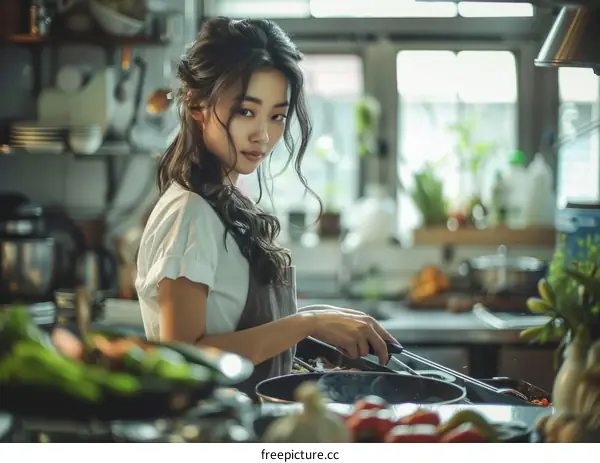 A young woman is cooking in the kitchen