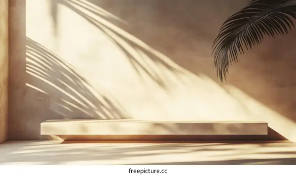 Beige Minimalist Display Shelf with Sunlight and Palm Shadow