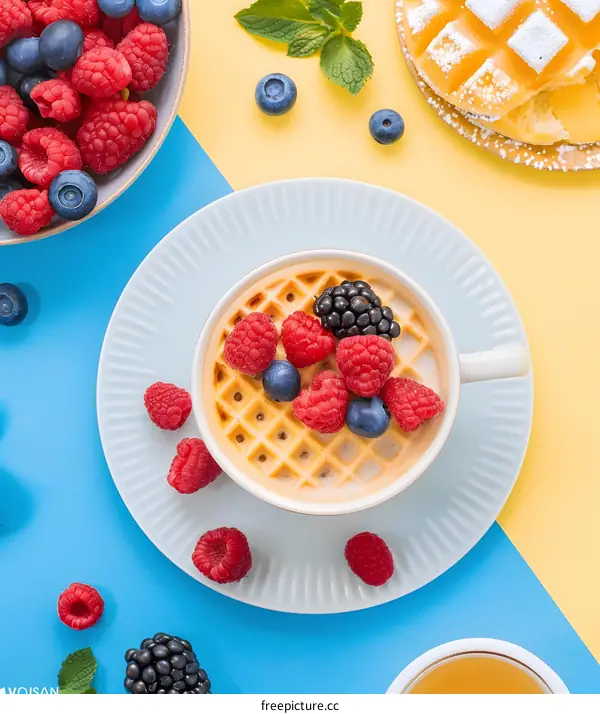Waffle with Berries and Cream on Blue and Yellow Background
