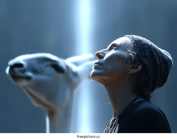 Woman gazing upwards  with blurred animal backdrop