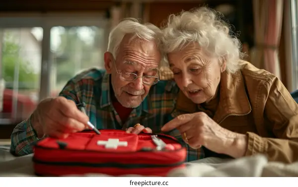 Two elderly people looking at a first aid kit