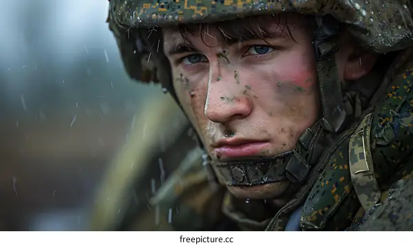 Portrait of a young soldier with mud on his face