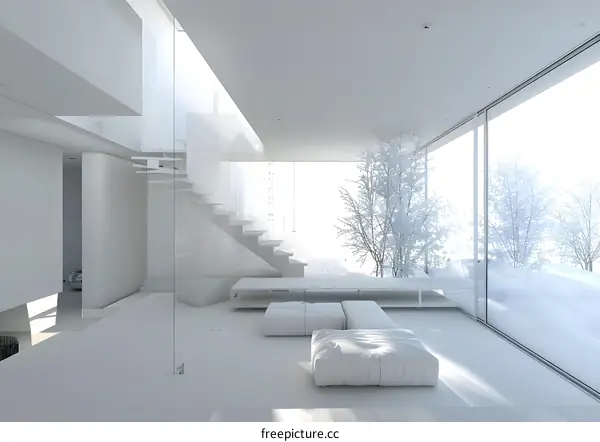 White Minimalist Interior Design with Glass Walls and Staircase