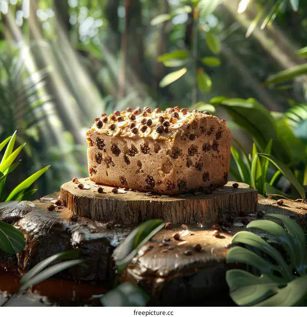 A close up of a loaf of bread on a wooden stump in a lush green forest setting