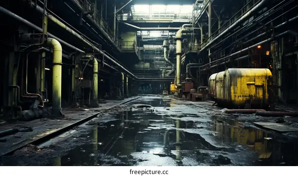 Eerie Abandoned Factory Building with Water on the Floor