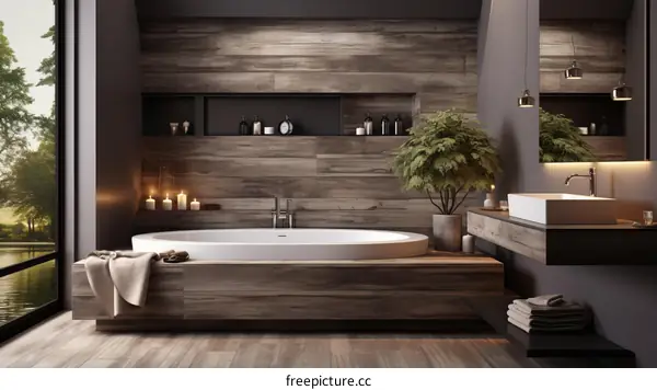 Bathroom interior with a large bathtub, a plant, and a view of the lake