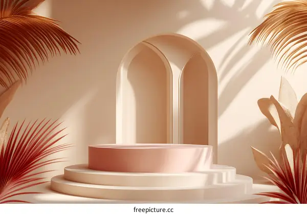 Archway with Minimalist Pink Podium and Palm Leaves