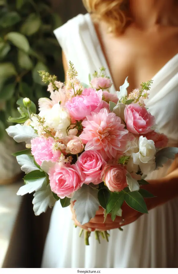 Beautiful Wedding Bouquet Held by a Caucasian Woman