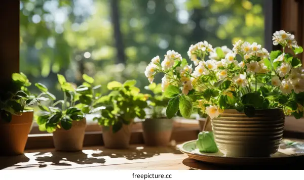 A beautiful image of a windowsill with potted plants