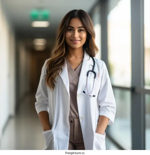 A young female doctor of Indian descent smiles at the camera