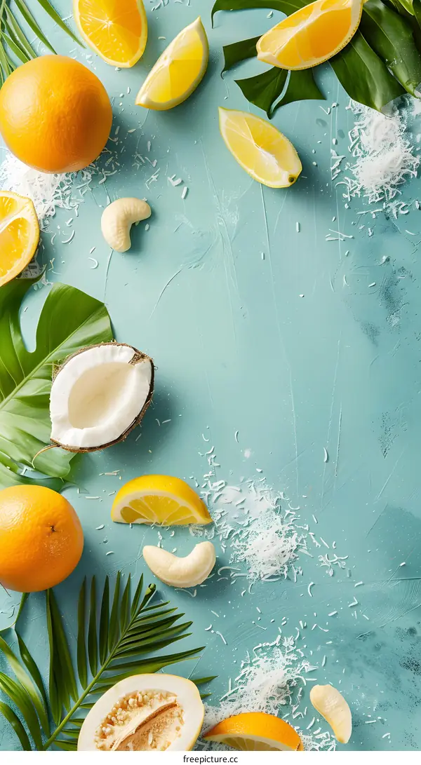 Tropical Fruits and Coconut on Turquoise Background