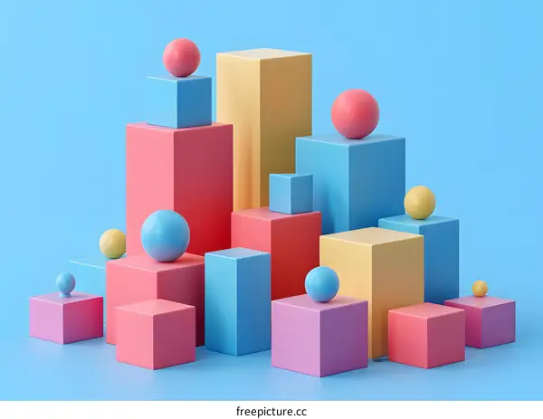 Colorful 3D geometric shapes composition with spheres and cubes