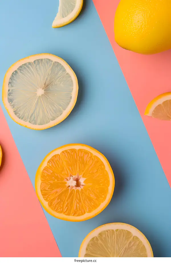 Fresh Lemons and Oranges Slices on Blue and Pink Background