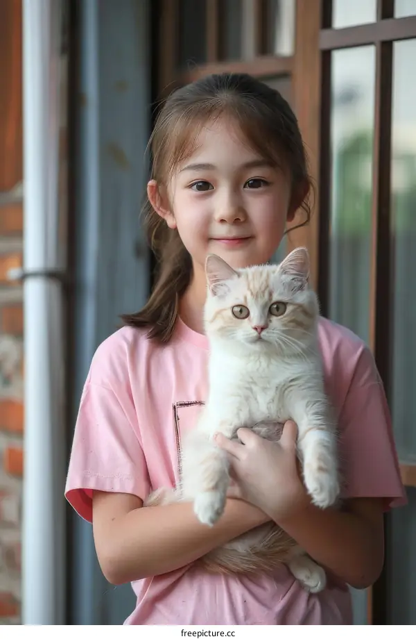 little girl hugging a cat