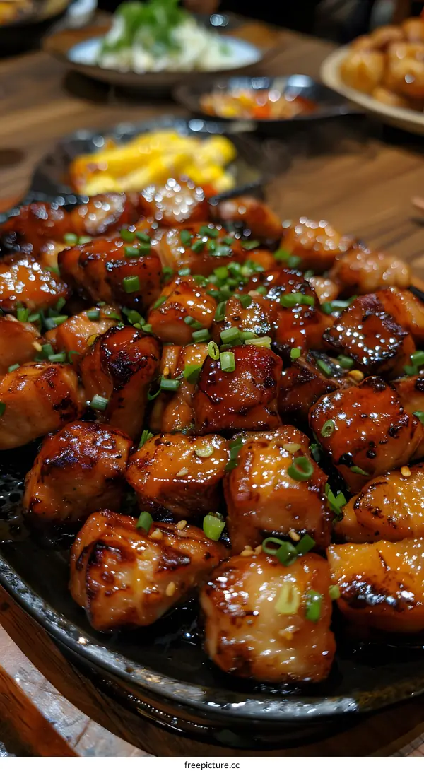 Closeup of Delicious Glazed Meat with Green Onions
