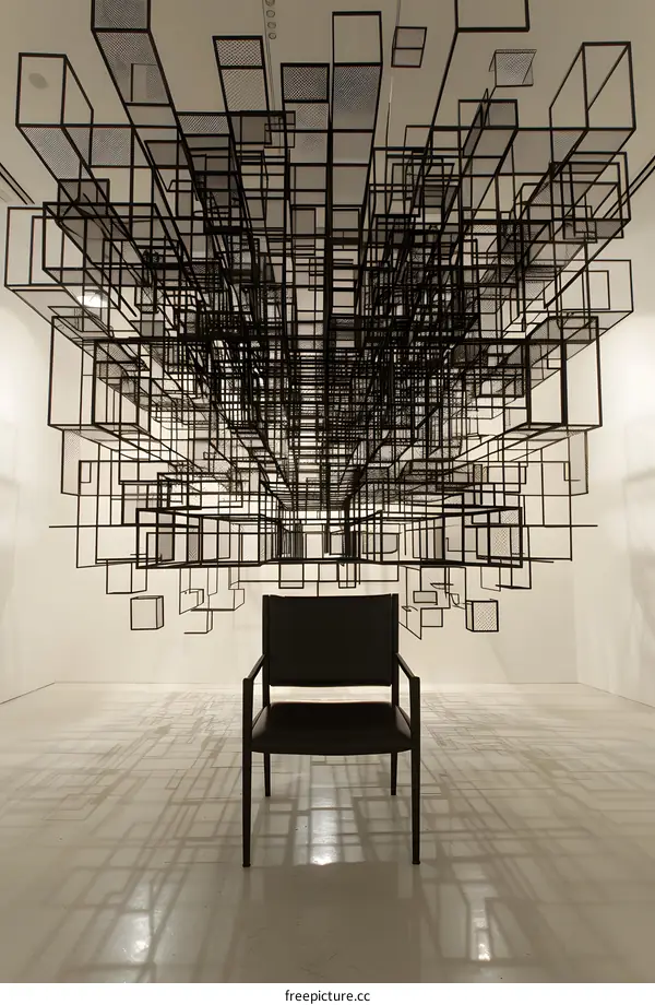 Modern Geometric Sculpture In White Room With Chair