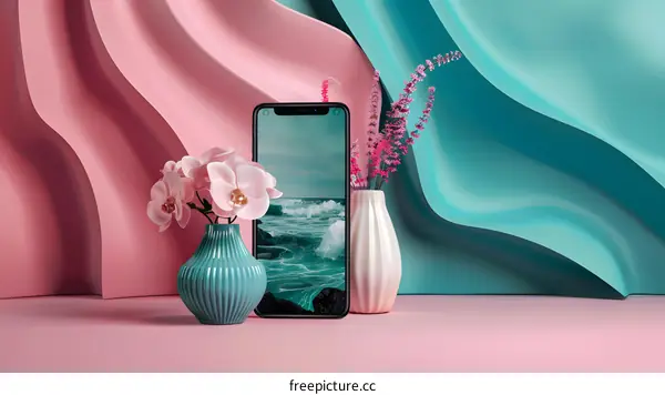 Pink and Blue Abstract Background with Phone and Flowers