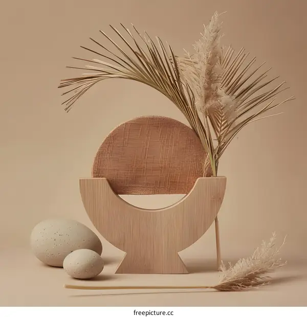 Minimalist Still Life with Dried Palm Leaves and Wooden Sculpture
