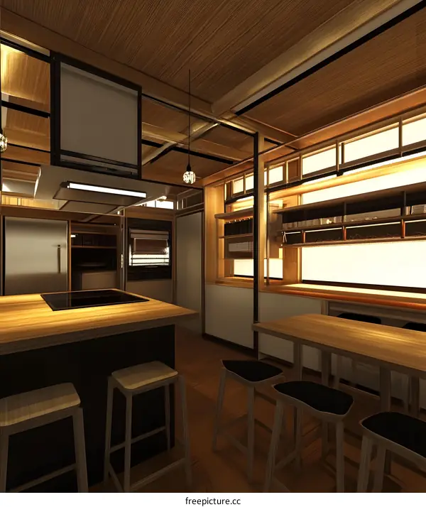 Modern Kitchen Interior Design with Wooden Elements and Black Stools