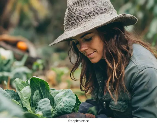 Woman Wearing a Hat Working in a Garden