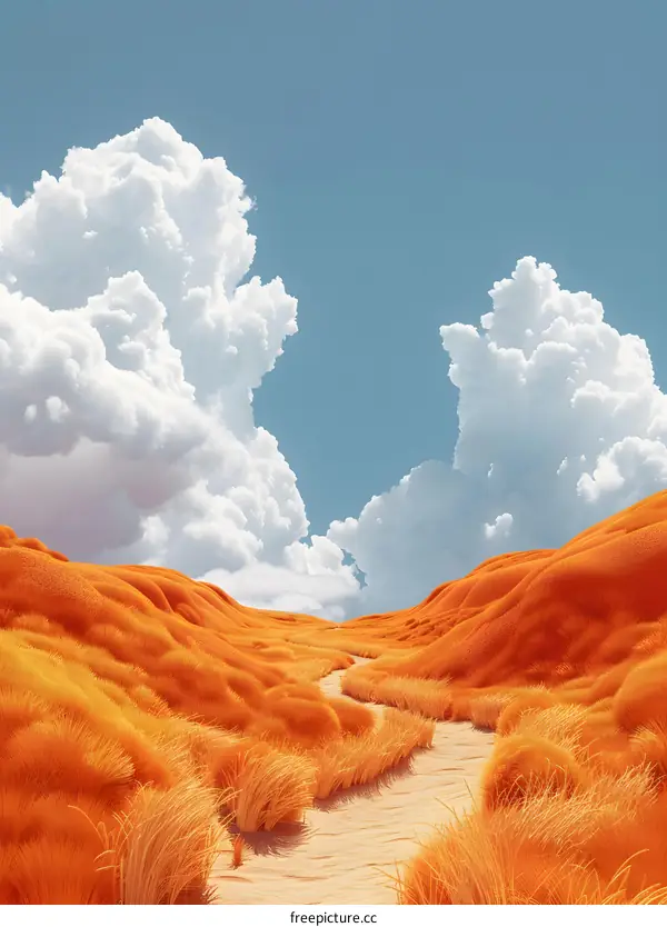 Fluffy orange hills and blue sky with white clouds