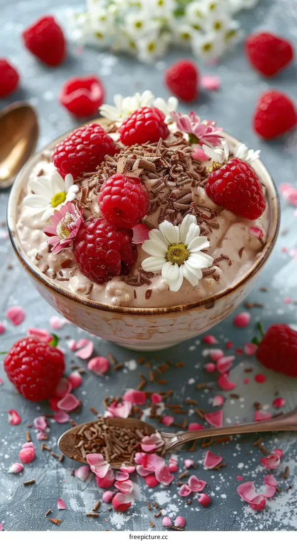 Raspberries and cream dessert with chocolate sprinkles and chamomile flowers