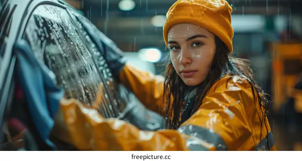 Young woman washing car windows with car wash equipment