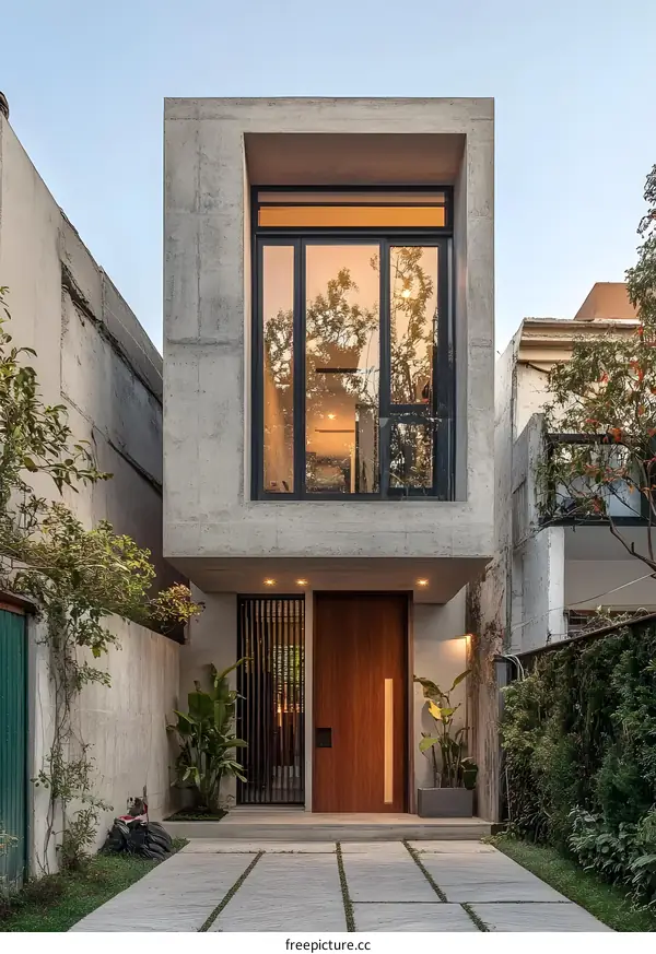 Modern Concrete House with Wooden Door and Large Windows