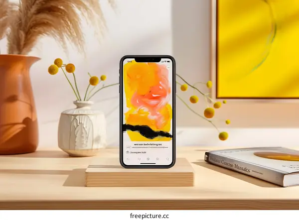 Wooden Stand for Smartphone with Abstract Artwork on Screen