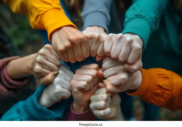 A group of people of different ethnicities joining their fists together