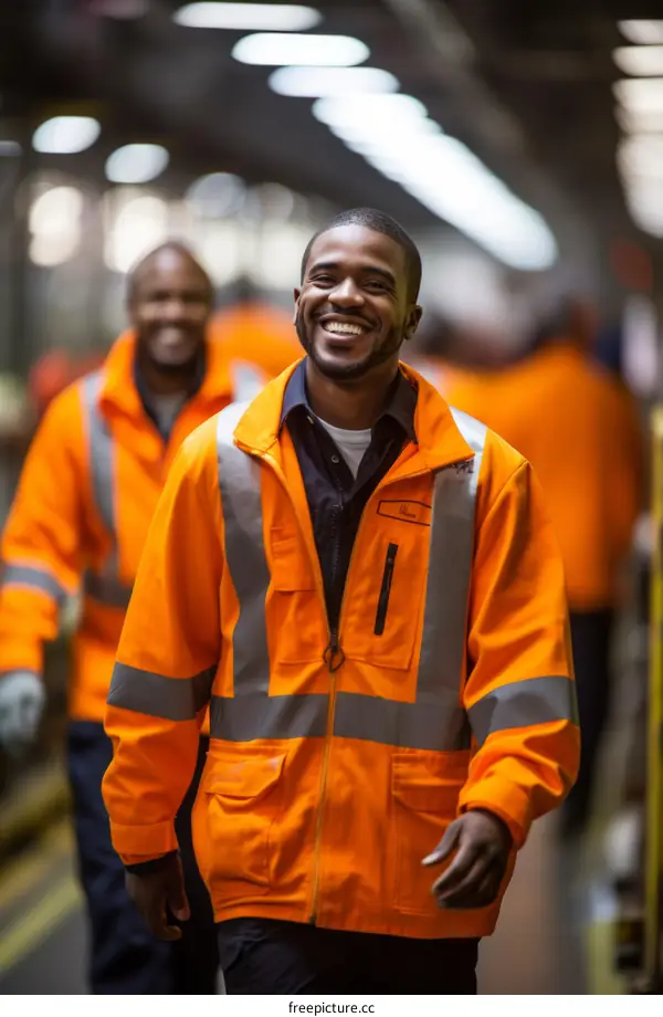 Black man smiling wearing an orange safety jacket