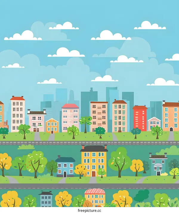 Cartoon Cityscape with Colorful Buildings and Trees
