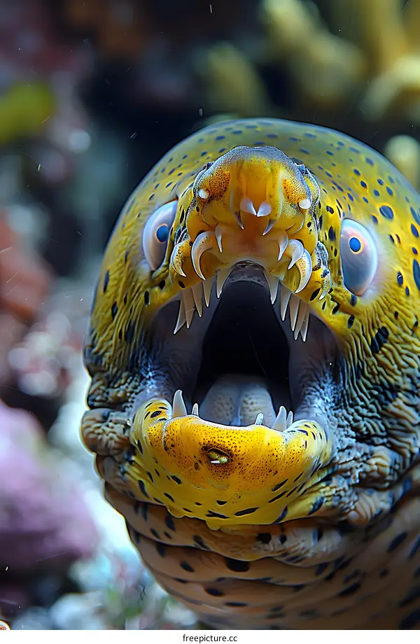 Yellow moray eel with mouth wide open