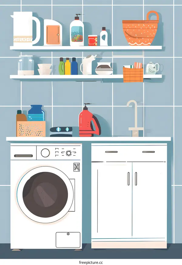 Laundry Room Interior Illustration With White Washing Machine And Cabinets