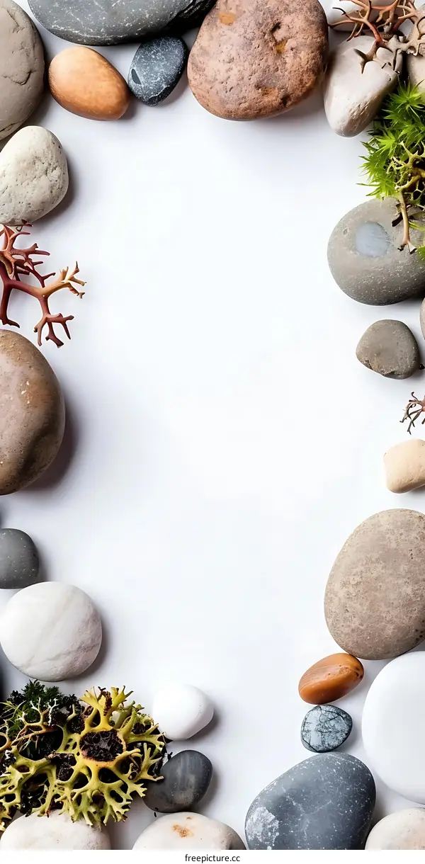 White Background With Smooth Stones And Seaweed
