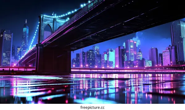 Neon Cityscape Underneath a Bridge at Night