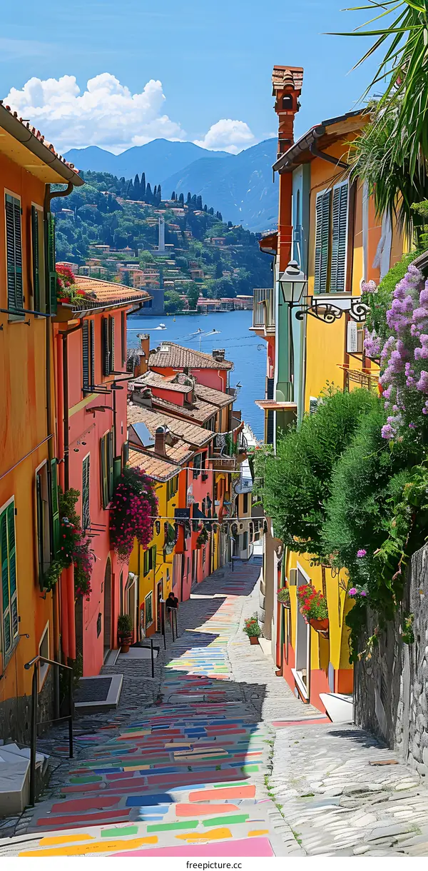 Colorful houses line a narrow street in a hillside town overlooking a lake