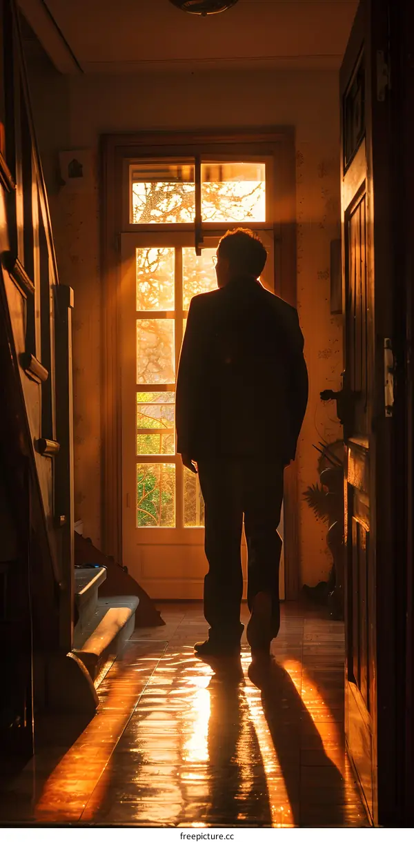 Silhouette of a Man Looking Out of a Window