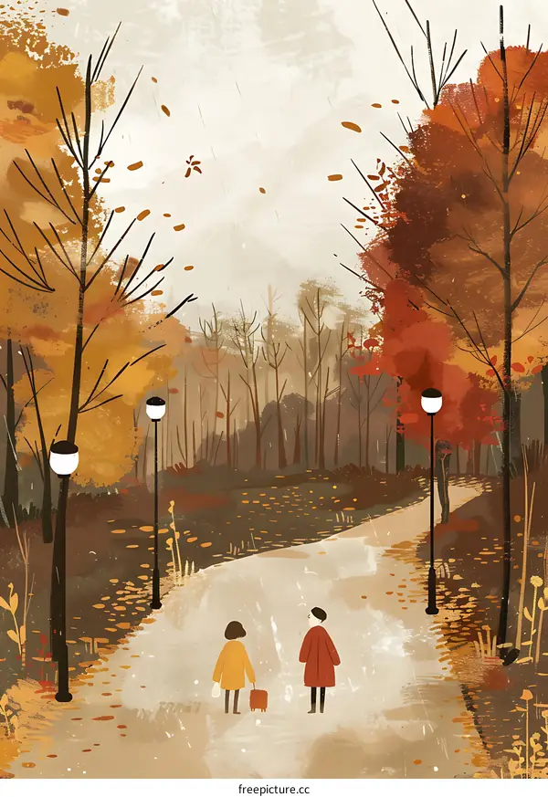 Autumn Walk in the Forest with Two People