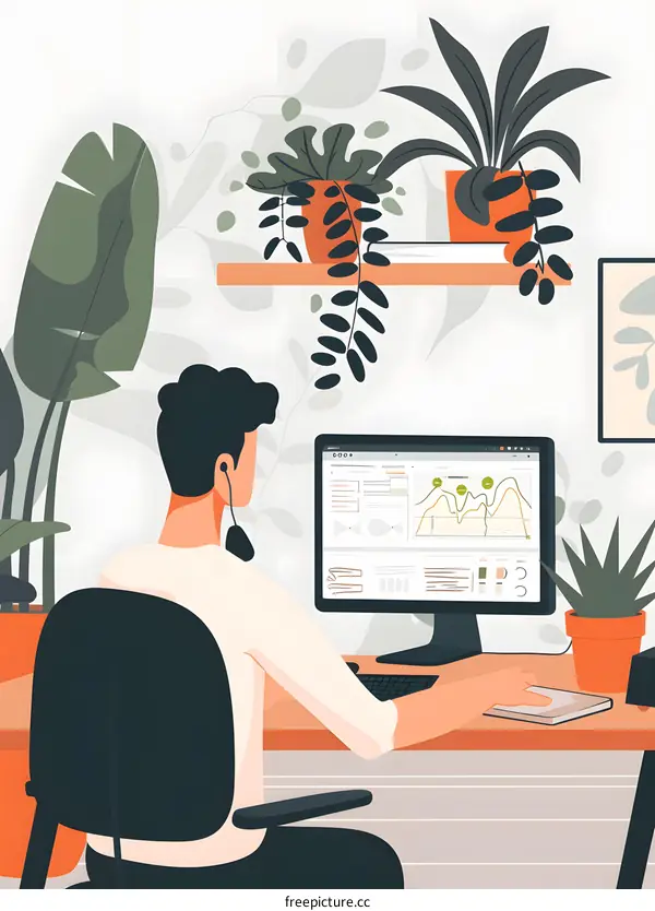 Man Working On Computer With Plants In The Background