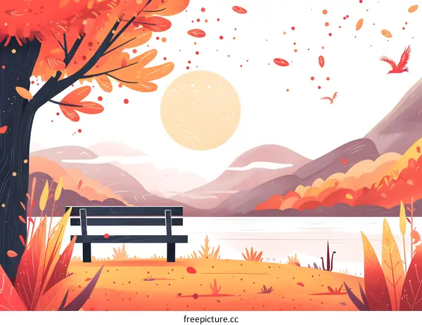 Autumn Landscape with Bench and Mountains