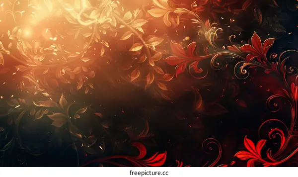 Golden flowers and green leaves bloom against a dark background