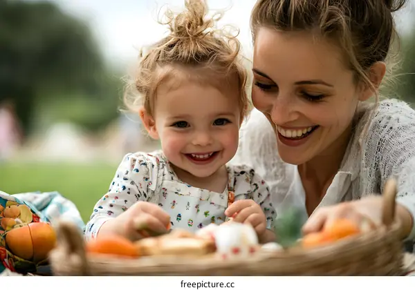 Happy Mother and Daughter Enjoying a Picnic Together in the Park