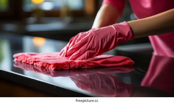 A woman wearing pink gloves is cleaning the counter with a pink cloth