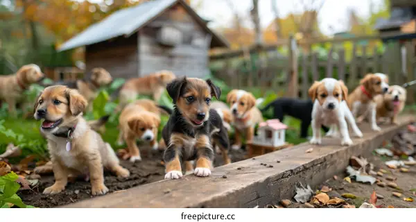 A group of puppies playing in a yard
