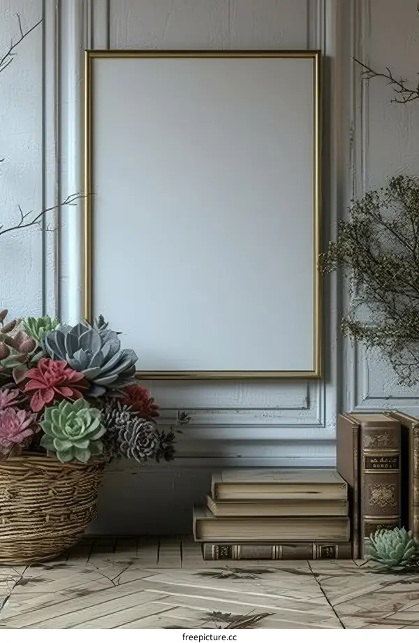 Frame mockup with succulents and books