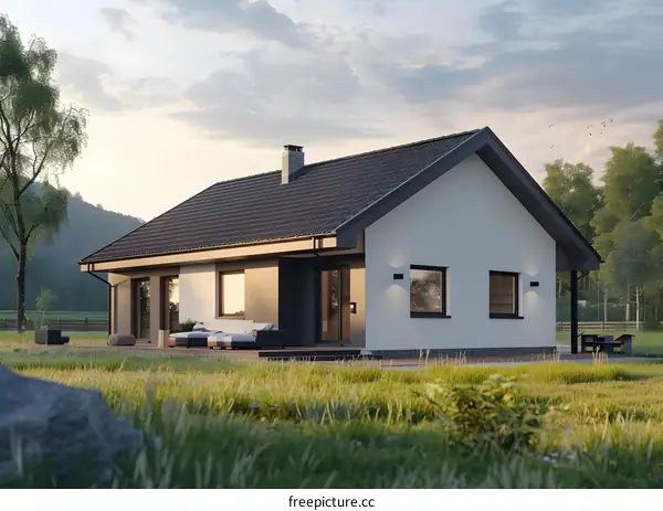 Modern White House with Black Roof and Green Grass