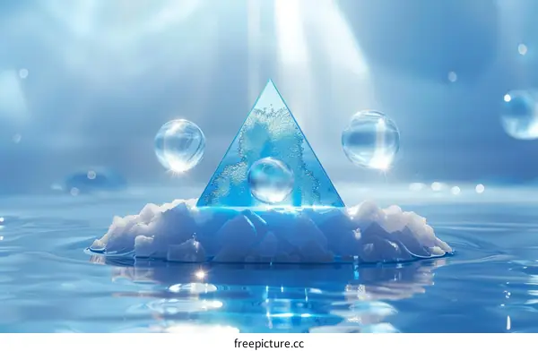 Blue Crystal Pyramid with Floating Water Spheres